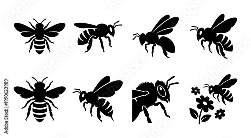 Honey bee silhouette icons, set of 8 black bumblebee vector graphics, flying insect stencils for honey packaging and organic farm branding