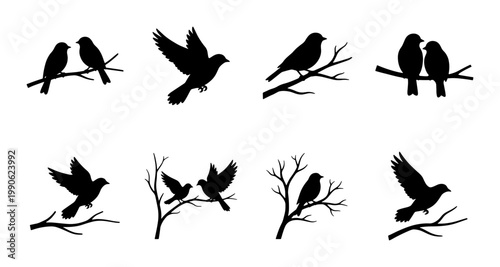 Black bird silhouette collection, set of 8 flying and perching songbirds on tree branches, minimalist avian vector icons for nature design