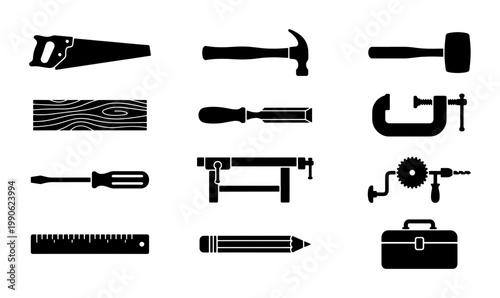 Woodworking hand tools icon set, black silhouette carpentry equipment collection, 12 vector elements for joinery and DIY construction projects