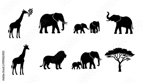 African safari animal silhouettes, black wildlife vector set with elephants, giraffes, lion and acacia tree, 8 nature elements for logo design
