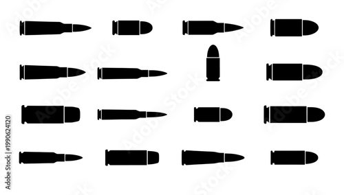 Ammunition bullet silhouette icons, set of 15 black gun cartridge vectors, firearm ammo caliber symbols for shooting and military graphics