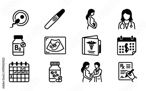 Pregnancy and maternity healthcare icons set, 12 black line vector symbols for prenatal care, obstetrics and gynecology medical elements for web design