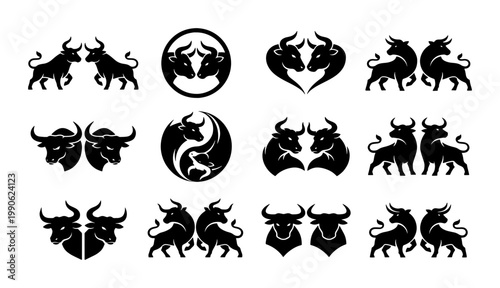Bull logo collection, 12 black silhouette bull icons, minimalist taurus zodiac symbols, aggressive buffalo and ox head vector set for branding