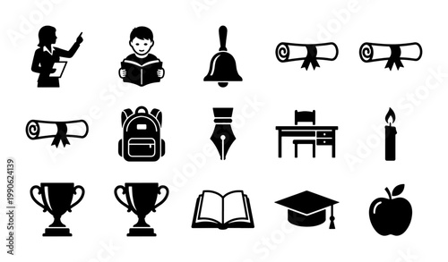 Education and school icons set, black solid vector symbols of graduation and learning, academic study and teaching elements for classroom design