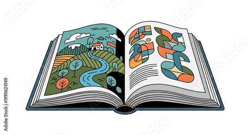 Open book with colorful illustrations on pages.