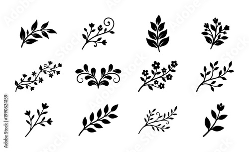 Fotografía Minimalist floral branch silhouettes, set of 12 black botanical leaf icons, eleg