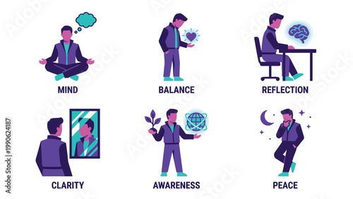 Mental Health & Wellness Concepts. Mindfulness, Balance, Reflection, Clarity, Awareness, Peace Illustrations