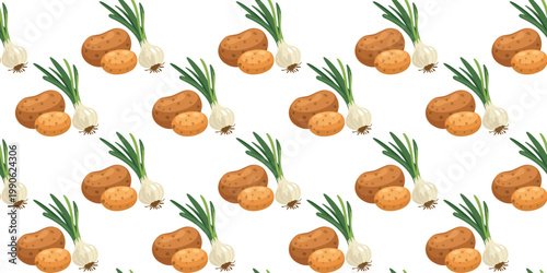 healthy organic veggies seamless pattern potato onion isolated white