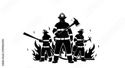 Three Firefighters Standing Ready with Axes and Hoses Amidst Flames Silhouette.