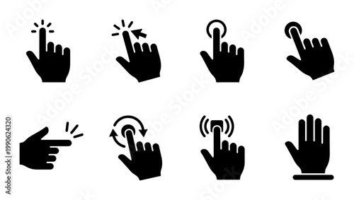 Photos Minimalist hand cursor icon set, black pointer finger silhouettes, 8 touch scree