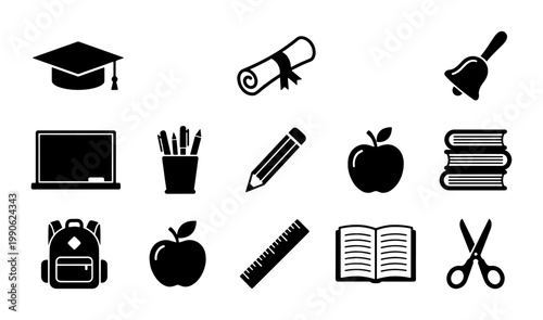 Education icon set with 13 black school symbols, graduation cap and diploma vector elements, academic learning and classroom supplies silhouettes