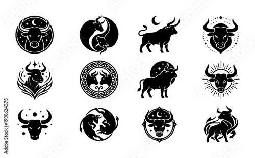 Taurus zodiac sign vector icons set, mystical bull astrology symbols, black celestial taurus silhouettes for horoscope branding and tattoo design