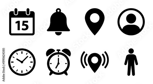 Minimalist black web icon set, 8 flat vector interface symbols, essential UI elements for mobile apps and websites, modern navigation and notification graphics
