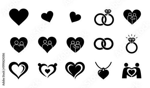 Minimalist wedding and romance icon set, 15 black vector heart symbols, engagement rings and couple silhouettes for marriage invitations and web design