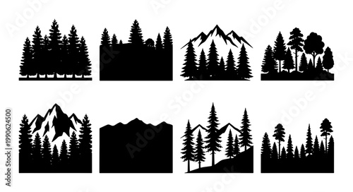 Black pine forest silhouettes, mountain landscape vector set, evergreen tree wilderness icons, minimalist nature outdoor adventure graphics