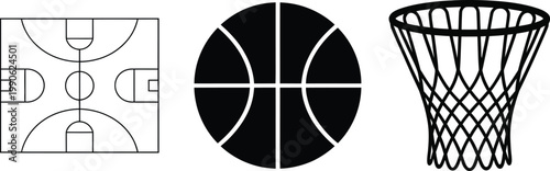 Basketball equipment icons featuring technical court diagram round ball and mesh hoop silhouette set.