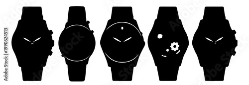 Set of Five Black Wristwatch Silhouettes with White Details Isolated on Transparent Background