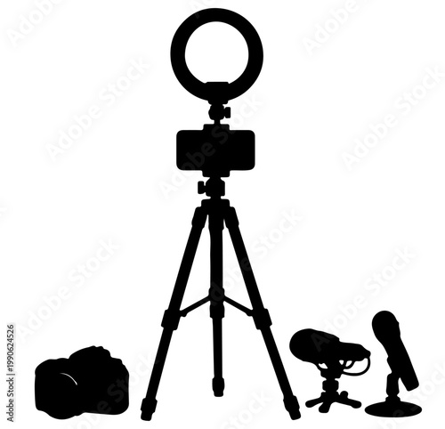 Silhouette of Video Content Creation Equipment Set with Tripod Ring Light Camera and Microphones Isolated on Transparent Background