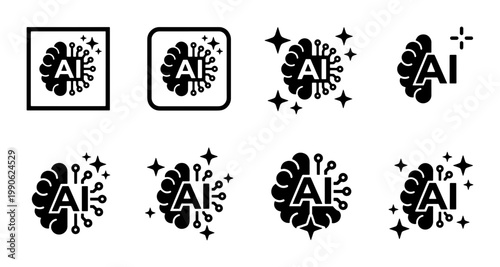 Artificial Intelligence brain icons set, black AI technology symbols with digital circuit patterns, 8 vector elements for machine learning software