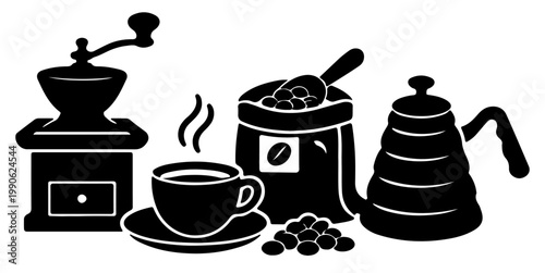 Black Silhouette Vector Illustration of Coffee Brewing Equipment with Grinder Cup and Beans Isolated on Transparent Background