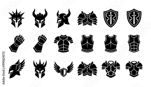 Medieval knight armor icons set, fantasy warrior equipment silhouettes, 18 black vector elements including helmets, shields, and chest plates