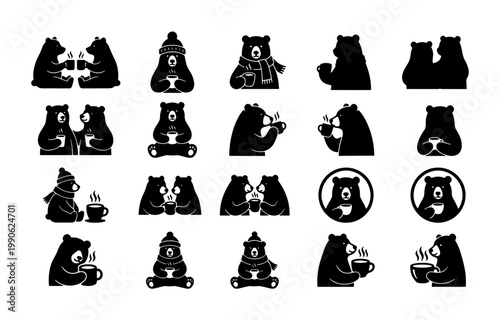 Minimalist bear silhouette icons drinking coffee, set of 20 black grizzly bear vector illustrations, winter forest animal character collection