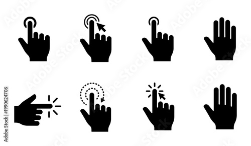 Minimalist hand cursor icon set, black silhouette touch gestures for web design, 8 vector finger click and tap symbols for mobile app interface