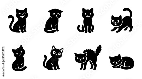 Black cat silhouette icons set, 8 cat character vector illustrations with different emotions, cute kitten emoji stickers for pet branding