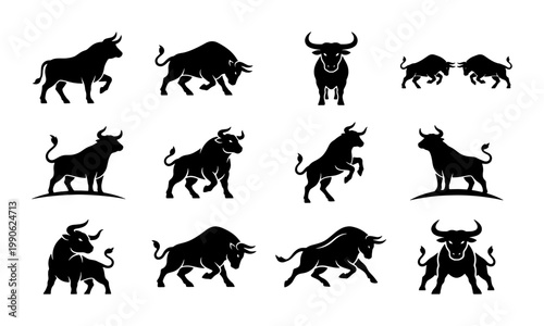 Bull silhouette vector set, 12 powerful ox and buffalo icons, black cattle mascot collection for finance and sports branding, charging bull graphics