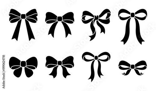 Black ribbon bow silhouettes, set of 8 decorative gift bow icons, elegant satin bow tie vector elements for wedding invitations and holiday packaging