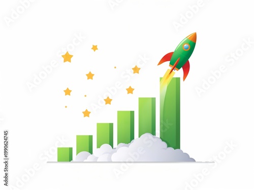 Rocket launching off graph, concept of success and growth. Representing progress