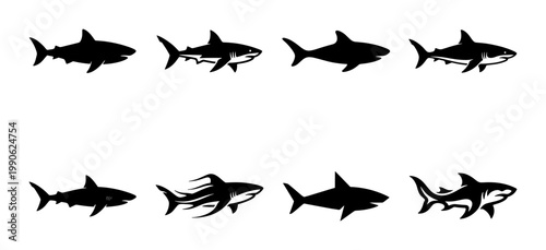 Shark silhouette vector collection, set of 8 black predatory fish icons, great white shark graphic elements for marine life logos and ocean branding