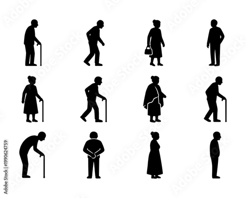 Elderly people silhouettes set, senior citizens walking with canes and sticks vector, 12 retired men and women icons for healthcare and aging concepts
