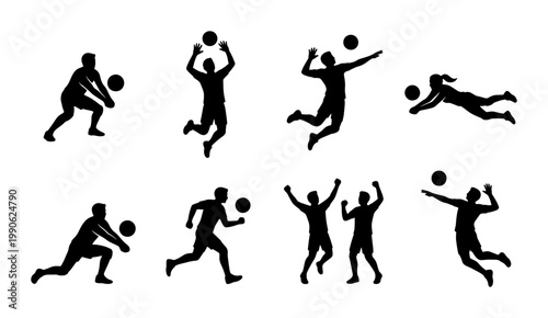 Volleyball player silhouettes set, 8 black vector icons of athletes jumping and spiking, professional sports action poses for tournament branding