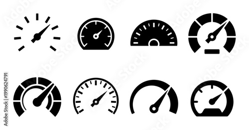 Speedometer icon set with 8 black vector elements, automotive dashboard gauge symbols, performance meter and tachometer indicators for interface design