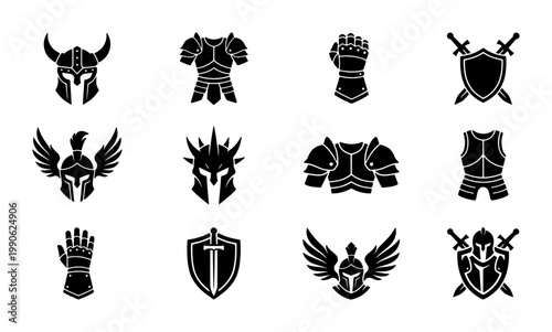 Medieval knight armor icons set, black silhouette warrior equipment vectors, 12 fantasy battle gear elements including helmets, shields and swords