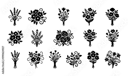 Floral silhouette vector set, 15 black flower bouquet icons, botanical garden plant elements, decorative wedding invitation floral graphics