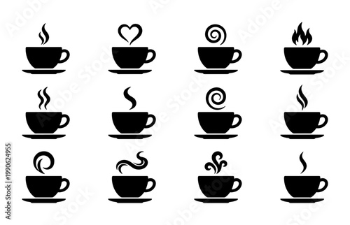 Minimalist coffee cup icons set, black silhouette hot drink mugs with steam, 12 vector beverage symbols for cafe menus and branding