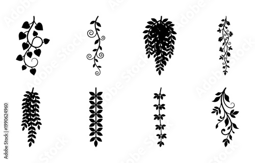 Black silhouette hanging plants collection, 8 vector ivy and vine leaf elements, botanical floral branch set for minimalist decor and wedding design