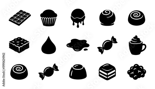 Chocolate candy icon set, 15 black silhouette dessert vector elements, sweet cocoa treats and truffle symbols for confectionery branding