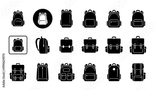 Black backpack icon set, 18 school bag and travel rucksack vector silhouettes, minimalist luggage and hiking pack symbols for web design