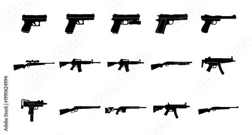 Military weapon silhouettes set, 15 firearm icons including pistols and rifles, black gun vector collection for tactical gaming and security design