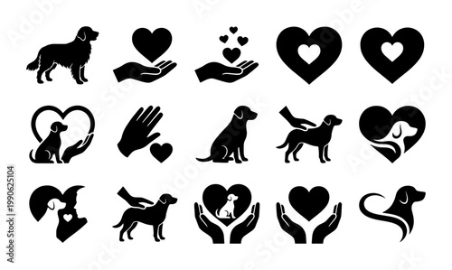 Dog rescue and pet care icon set, 15 black vector silhouettes of dogs with hearts and hands, animal welfare and adoption symbols for veterinary clinics