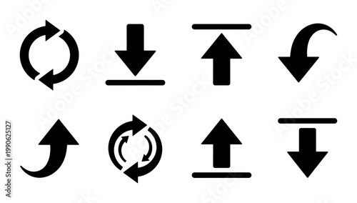 Minimalist black arrow icon set, flat vector navigation symbols for web design, download and upload directional signs, circular refresh and sync buttons