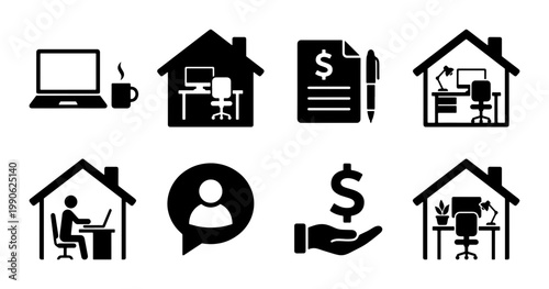 Remote work icon set, home office workspace symbols, freelance and telecommuting vector graphics, business and finance pictograms for digital employment