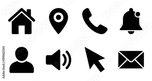 Minimalist black web icon set, 8 essential vector interface symbols, flat navigation and communication signs for mobile apps and website design