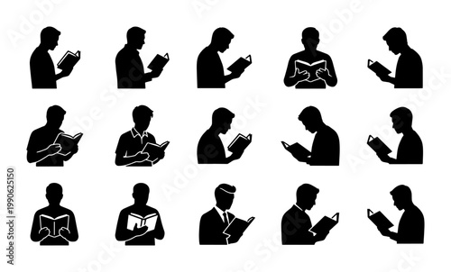 Minimalist reading man silhouettes, set of 15 male student and professional book reader icons, black vector people studying and learning
