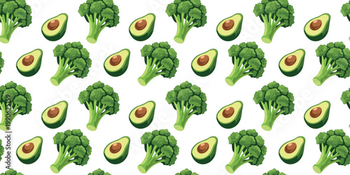 healthy organic veggies seamless pattern avocado broccoli isolated white