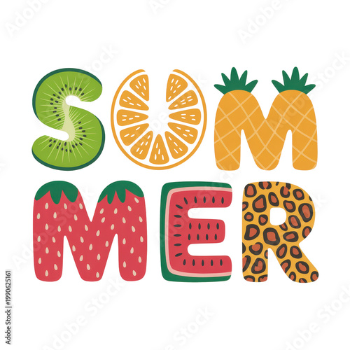 Playful summer word made of colorful fruit styled letters isolated on transparent background, vibrant seasonal design