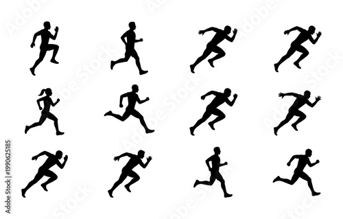 Running man silhouettes set, 12 athlete sprinting vector icons, black male and female runner figures, sports and fitness motion graphics